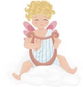 Illustration with a cute character, cupid playing a musical instrument sitting on a cloud Royalty Free Stock Photo